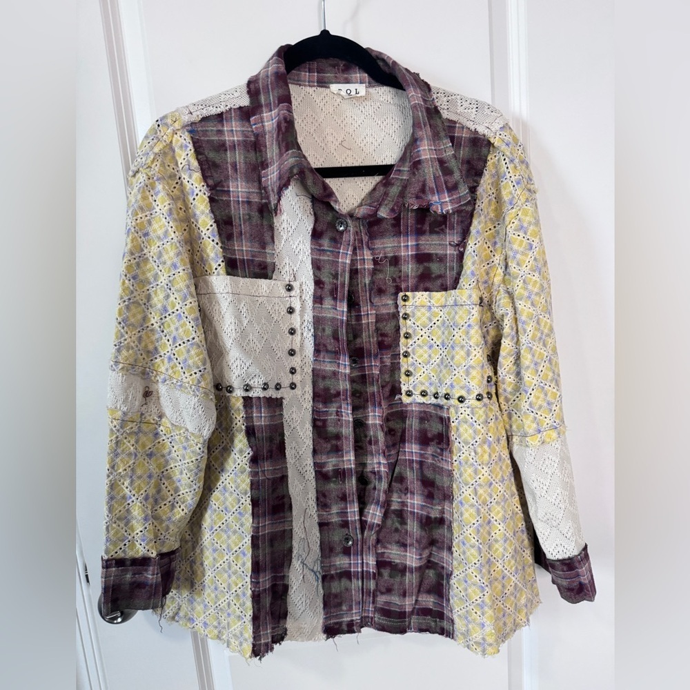 NWOT-POL Plaid and Lace Top with Studded Accents-Small - Picture 1 of 4